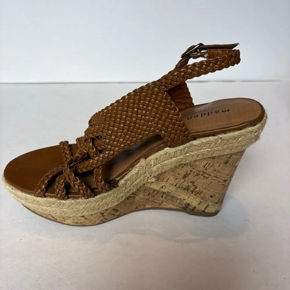 Madden Girl Brown High Wedge Sandals Kahara Braided Straps Size 7.5M